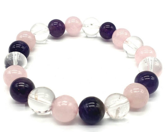 Bracciale con ametista, cristallo, perle di quarzo rosa