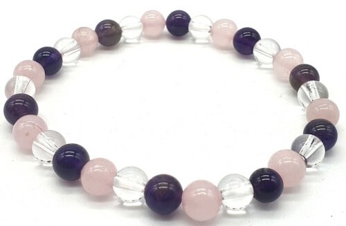 Bracciale con ametista, cristallo, perle di quarzo rosa