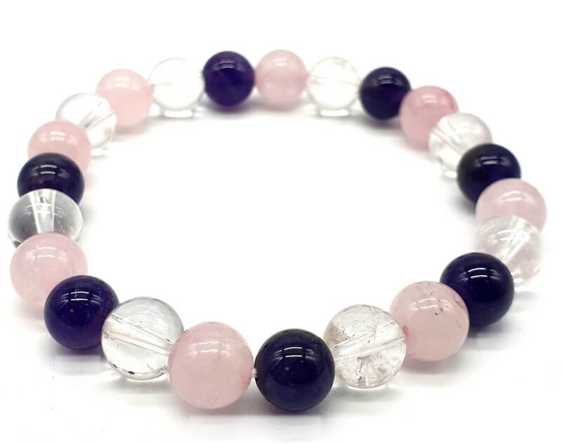 Bracciale con ametista, cristallo, perle di quarzo rosa