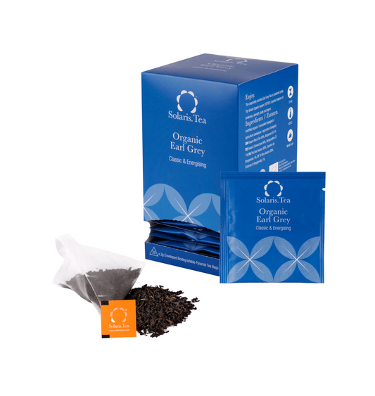 Bustine di tè piramidali biologiche Earl Grey confezionate, 25x2g